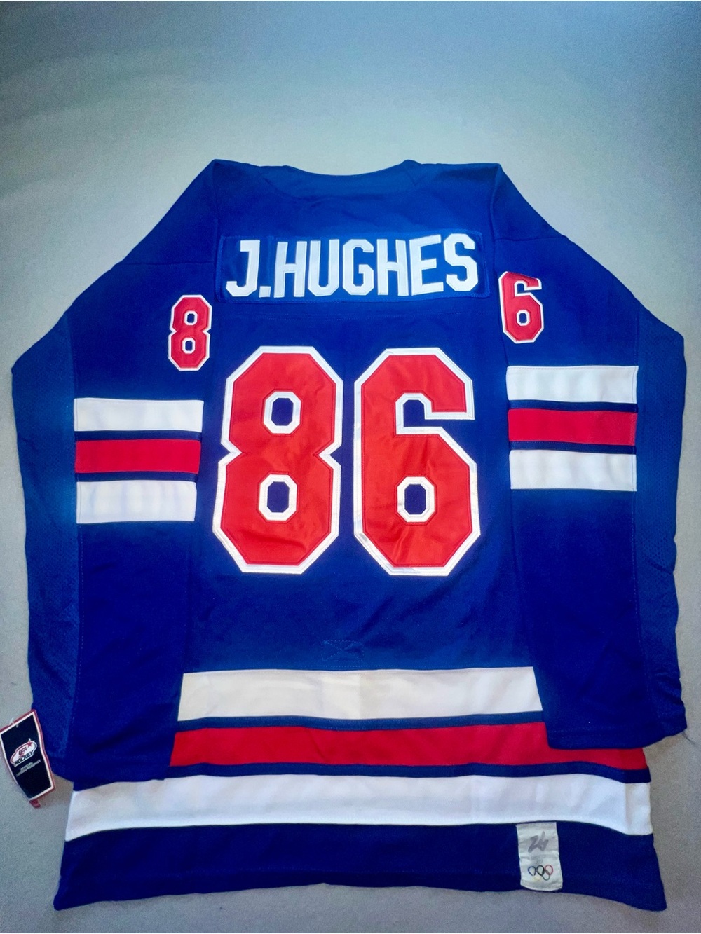 Jack Hughes Team USA 2026 Milano Cortina Olympic Hockey Jersey Blue Sz L
